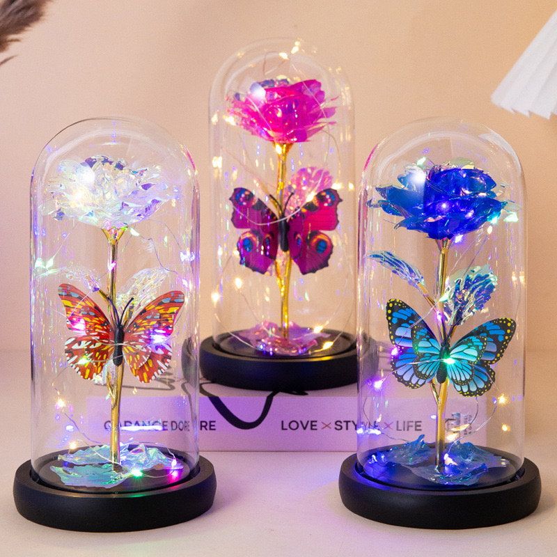 情人节教师节永生花玫瑰蝴蝶 金箔玫瑰玻璃塑料亚克力罩七彩灯圣诞节礼物跨境