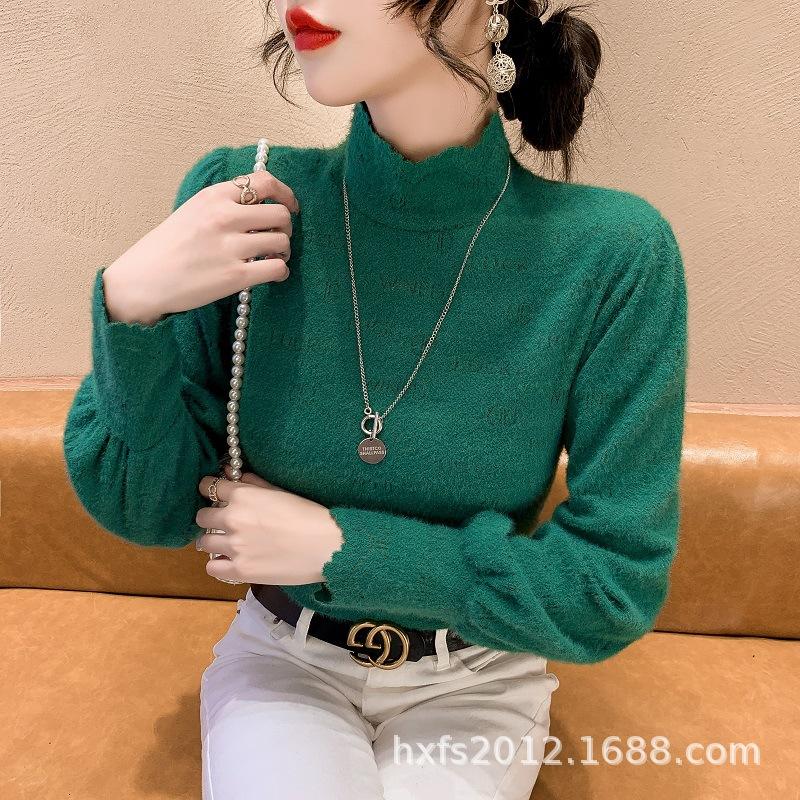 Autumn and Winter New Thickened Half-High Collar Inner Wear Blouse Women's Brushed Lace Bottoming Shirt Slim-Fit Long Sleeve All-Matching Outer Wear Specification drawing