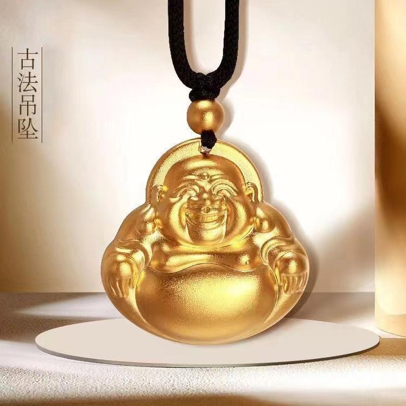 gold shop same style high color retention alluvial gold hollow fu character maitreya buddha pendant unisex gold plated buddha statue accessories wholesale