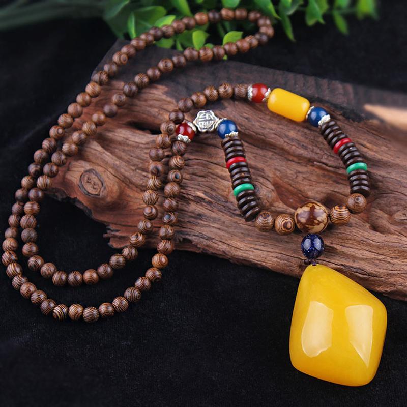 imitation beeswax pendant sweater chain ethnic style long necklace for women wooden bead vintage accessories all-match travel sweater pendant Item Picture