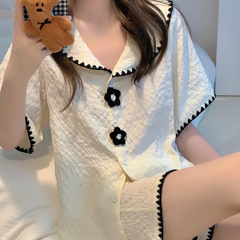 girl cloud cotton short sleeve pajamas two-piece set summer new cardigan shorts casual loose pajamas