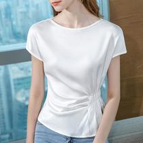 short-sleeved chiffon shirt women's summer 2023 new women's high-grade silky satin blouse french style pleated waist-tight top