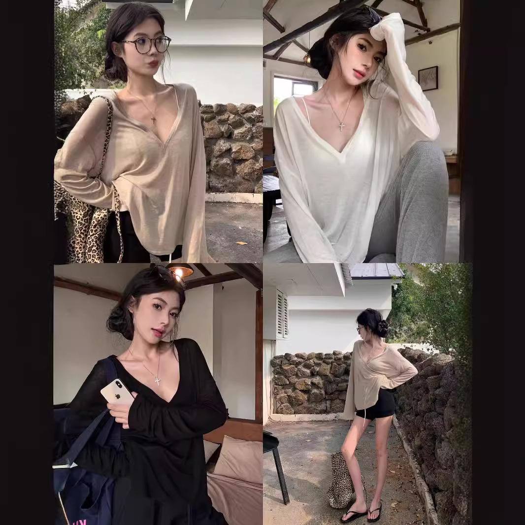 white in thin section micro transparent v-neck long-sleeved t-shirt women's summer loose sun protection blouse casual laid-back style overclothes top Application Scenario