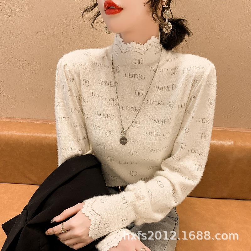 Autumn and Winter New Thickened Half-High Collar Inner Wear Blouse Women's Brushed Lace Bottoming Shirt Slim-Fit Long Sleeve All-Matching Outer Wear full figure