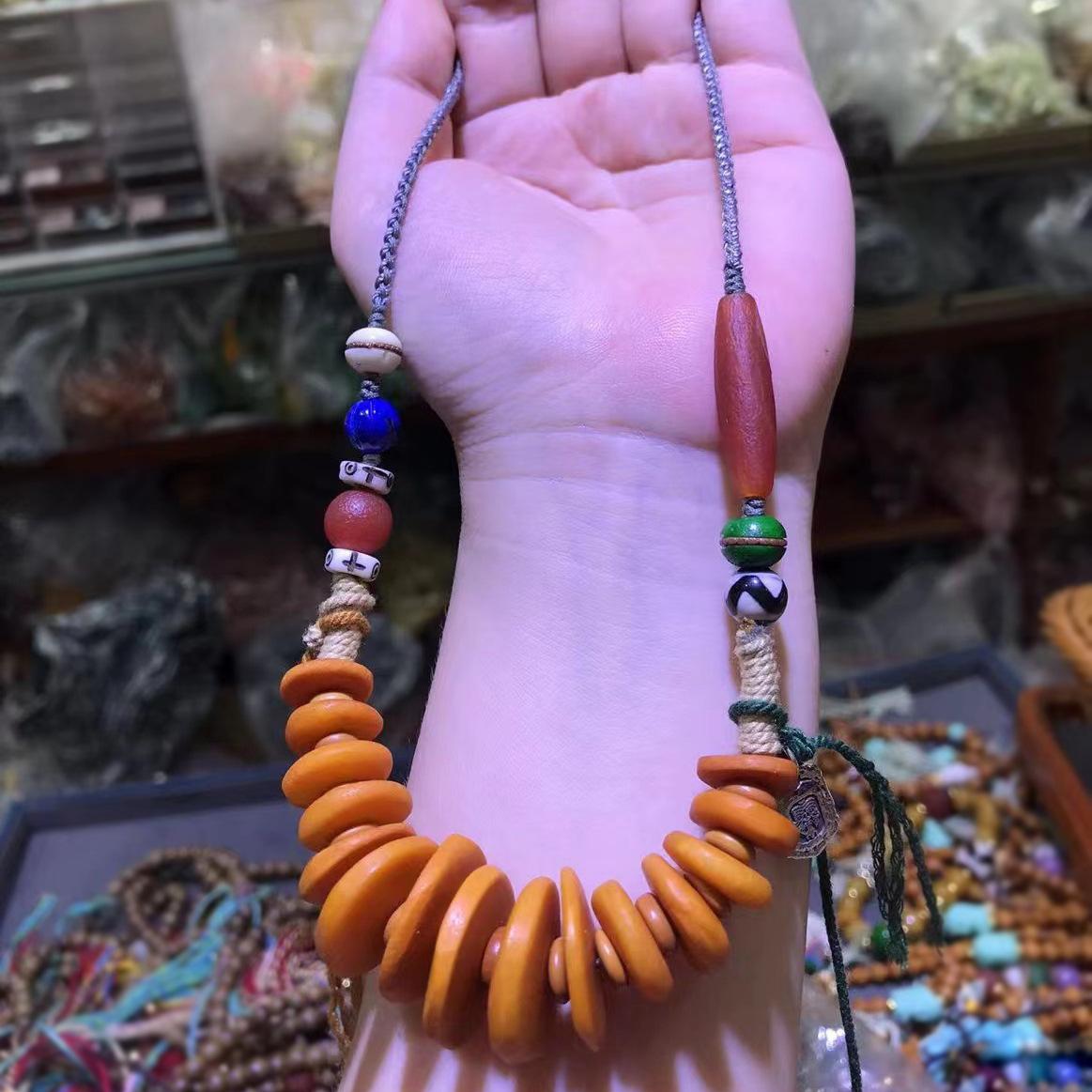 Factory Wholesale Amber Beeswax Necklace Pendant Ethnic Sweater Chain DIY Agate Lapis Lazuli Necklace Accessory Specification drawing