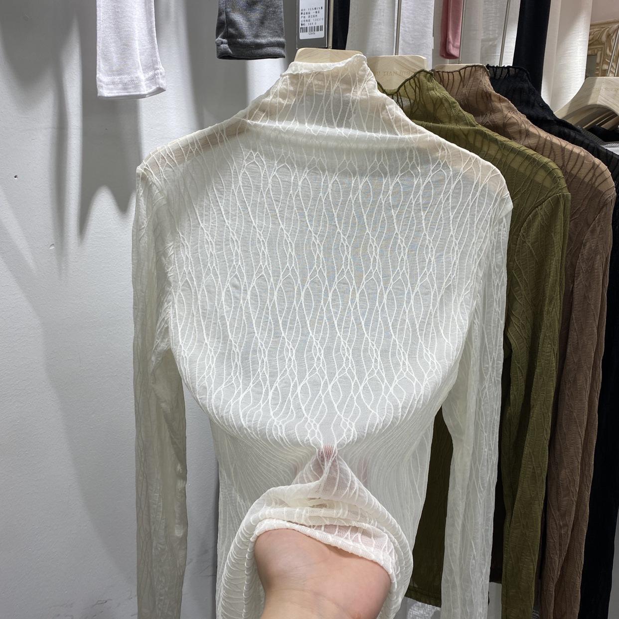 Half-High Collar Inner Match Lace Bottoming Shirt Women's European Station 2022 Autumn New Western Style Blouse Sexy Mesh Top full figure