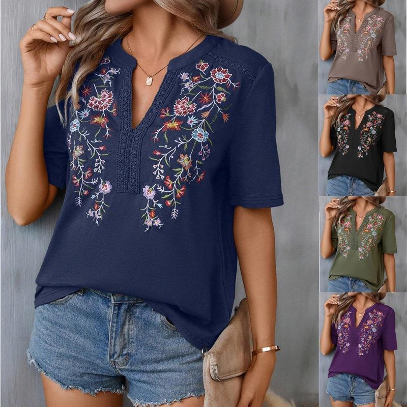 2024 european and american amazon cross-border summer new fashion ten thousand needles embroidery stitching lace lace-collared blouse women's t full figure