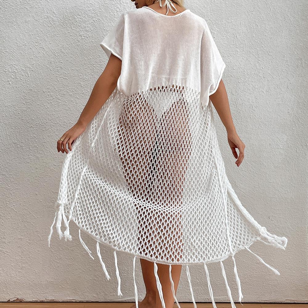 european and american cross-border ins beach ebay tassel one-piece sleeve vacation sun protection white hollow-out sexy blouse Item Picture