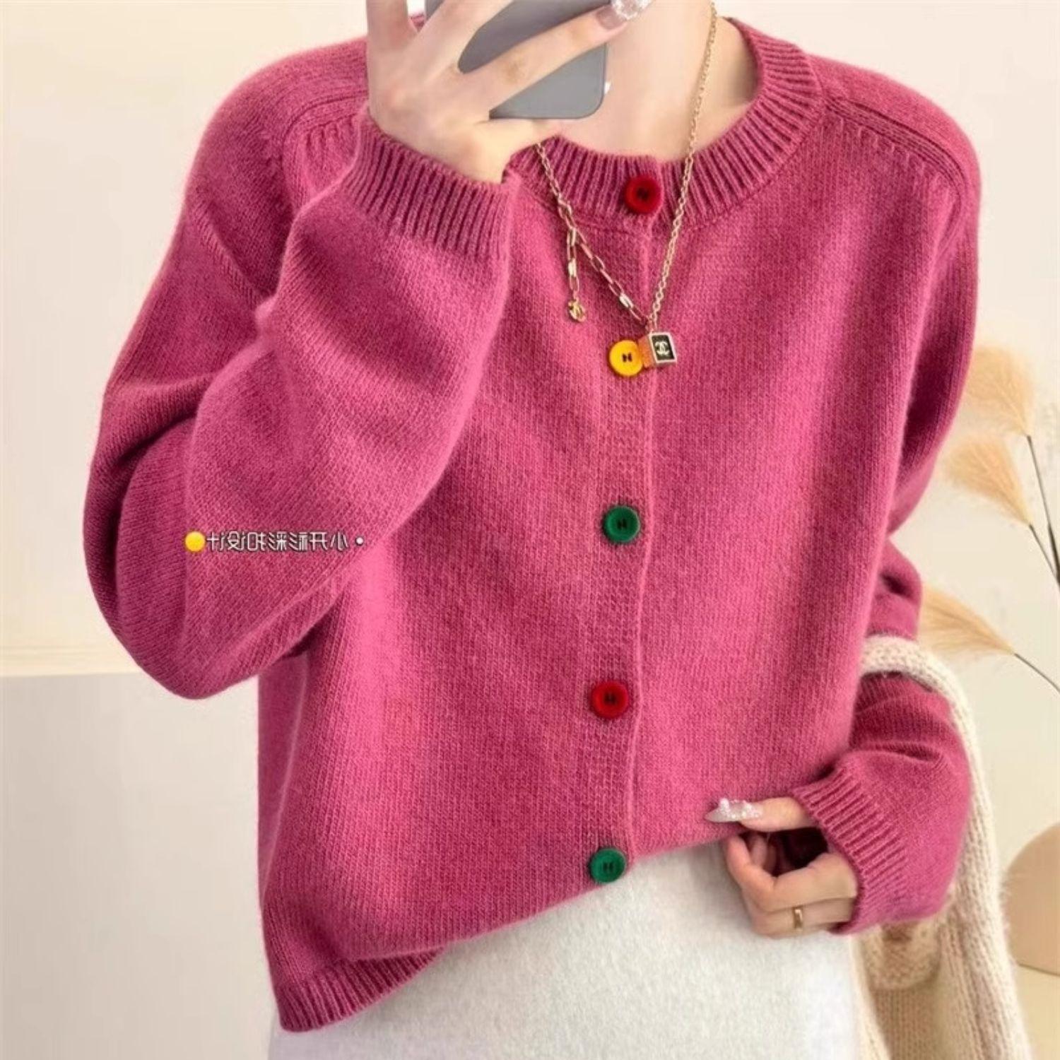 contrast color french round neck spring knitted cardigan women's design feeling lazy loose sweater coat outer wear soft glutinous top