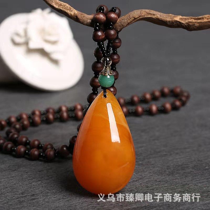 Retro Ethnic Style Old Beeswax Pendant Chicken Wing Wood Long Necklace Women's No-Matter Brand Sweater Chain Cotton and Linen Women's Accessories full figure