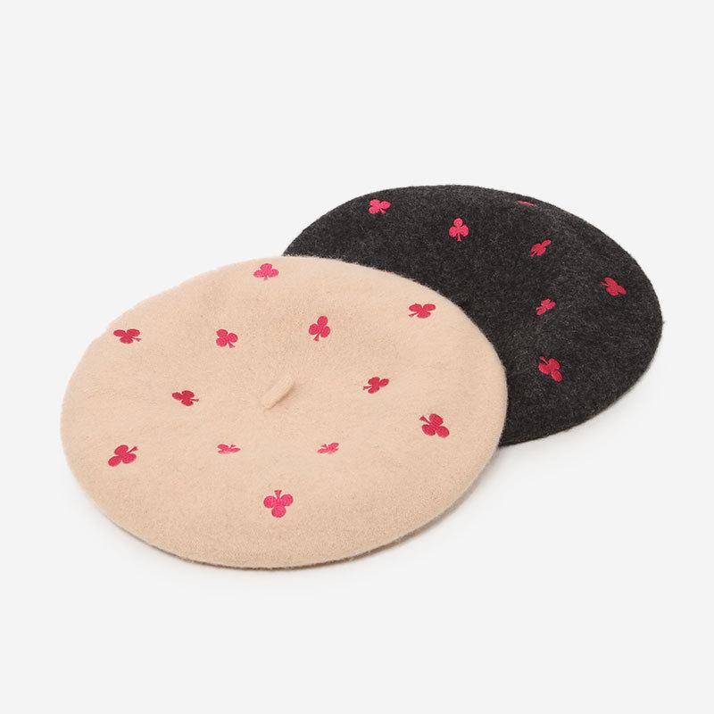 Embroidered Wool Beret Women's Elegant Fashionable Autumn and Winter Painter Cap Light Beige Heather Gray Matching Hat