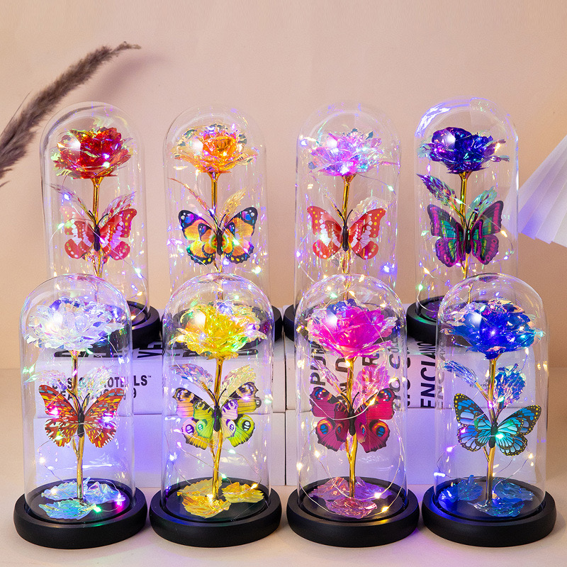 Valentine's Day, Teachers' Day, eternal flowers, roses, butterflies, gold foil roses, glass, plastic, acrylic covers, seven-color lights, Christmas gifts, cross-border Item Picture