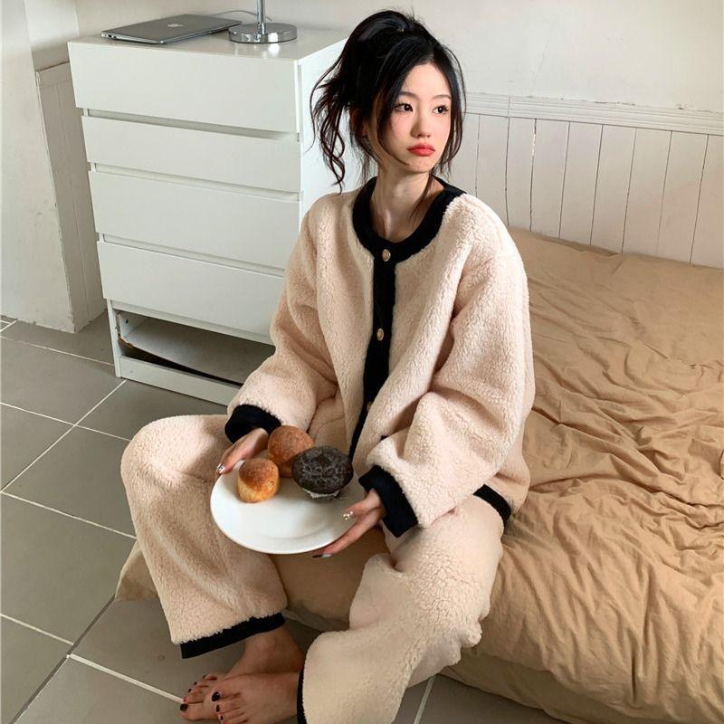 winter princess style pajamas women's flannel lace royal home wear korean coral fleece classic style thickened set Specification drawing