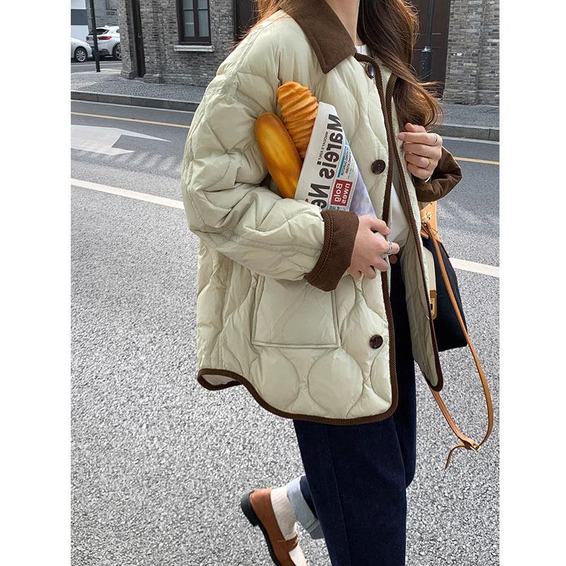 2023 winter korean style 90 white duck down cotton-padded jacket women's design sense contrast color lapels rhombus puffer jacket coat