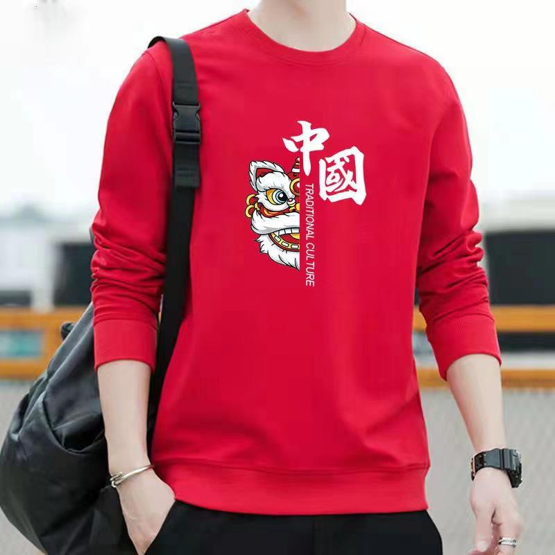 chinese style round neck sweater men's 2024 brushed hoody spring, autumn and winter team sports patriotic student class clothes