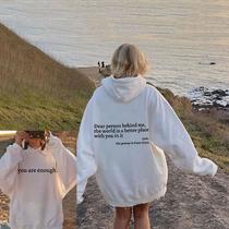 foreign trade women's brushed hoody letter slogan printed kangaroo pocket drawstring printed hoodie oversized