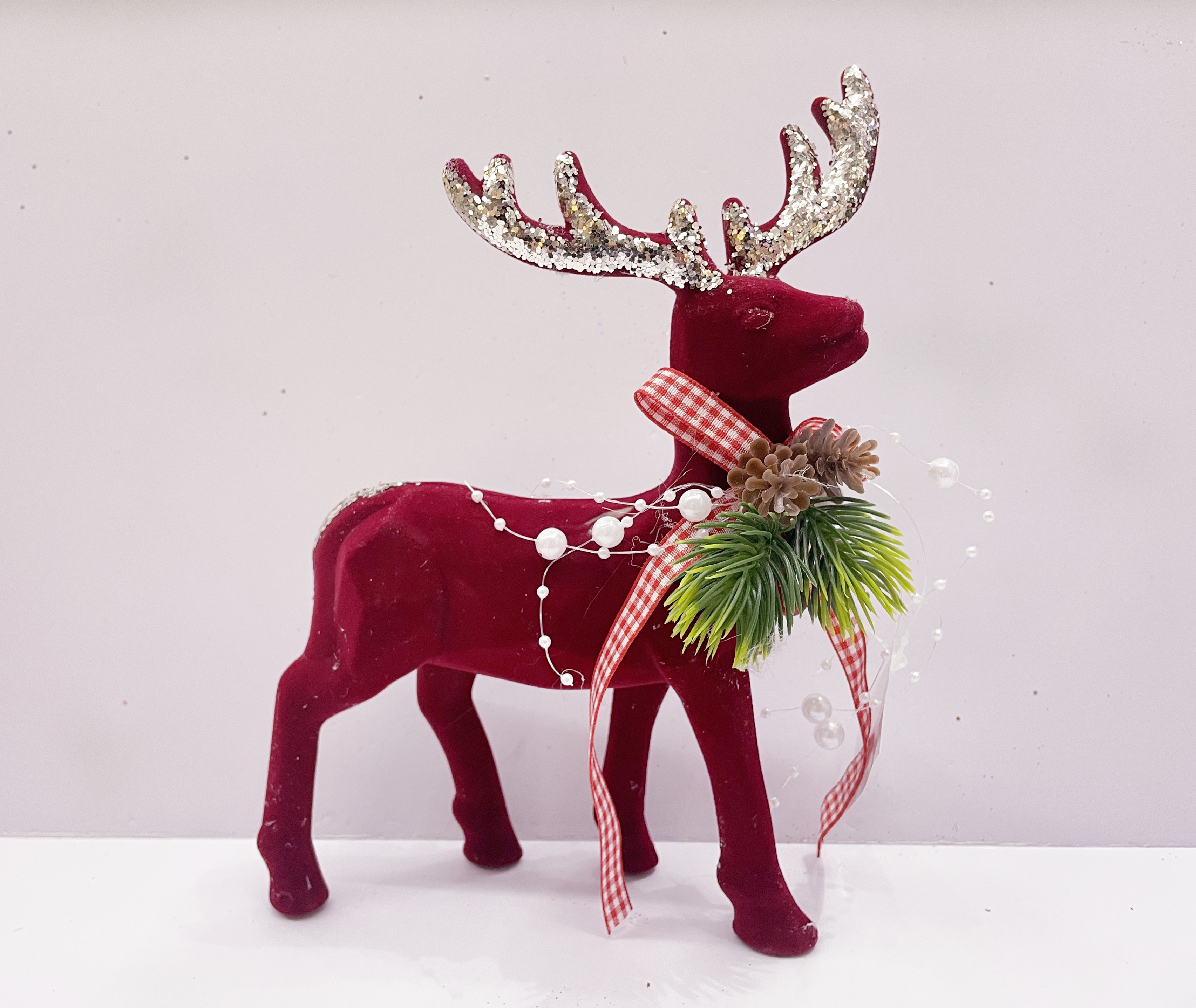 15X22X5CM圣诞植绒带花头塑料鹿摆件装饰品