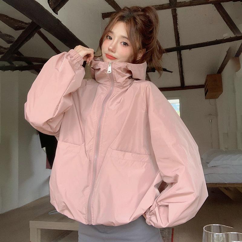 hooded short sports jacket women's casual loose solid color zipper shell jacket spring and summer new versatile sun protection clothing