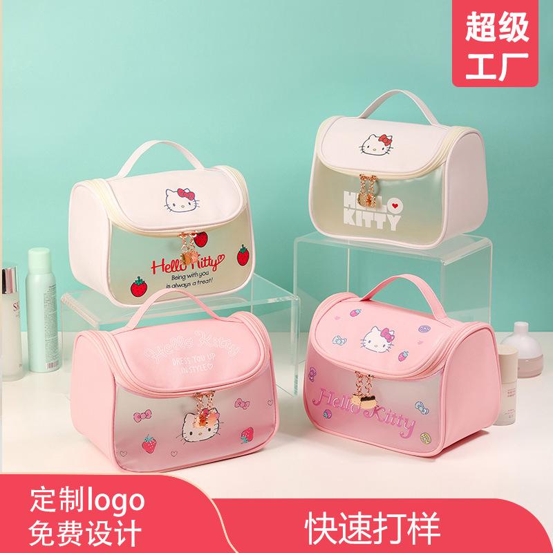 Cosmetic Bag Printed Logo Large Capacity Waterproof Portable Wash Cartoon Hello Kitty Hook Toiletry Bag OEM Customization