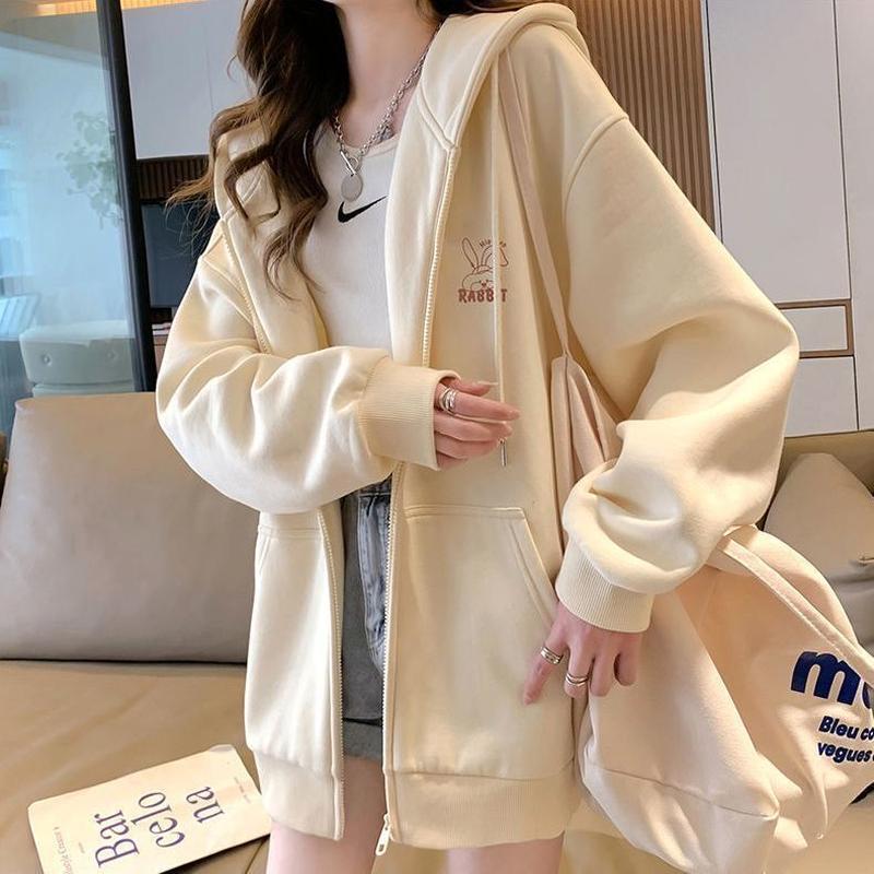 korean style loose bf style long sleeve cardigan hoodie casual coat women's 2023 autumn and winter college style solid color top