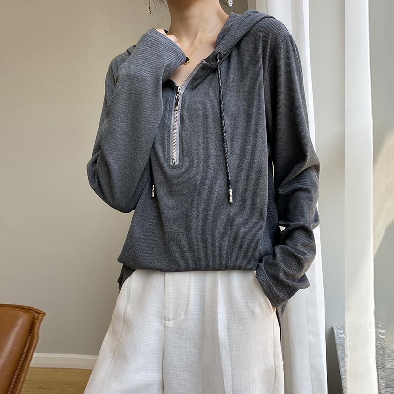 2023 Autumn New Hoodie Women's Casual Simple Half Cardigan Loose Zip Hooded Drawstring Brushed Hoody Women