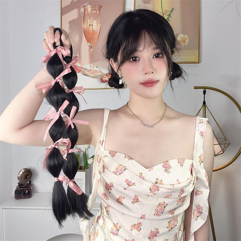 short-sighted band goods wig ponytail female long hair double ponytail bubble braid internet celebrity same style hair extension boxing braid wholesale details Picture