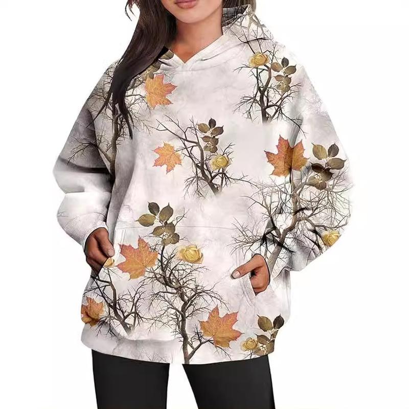 amazon autumn new women's camouflage hoodie maple leaf print oversized sports hoodie with pocket break Application Scenario