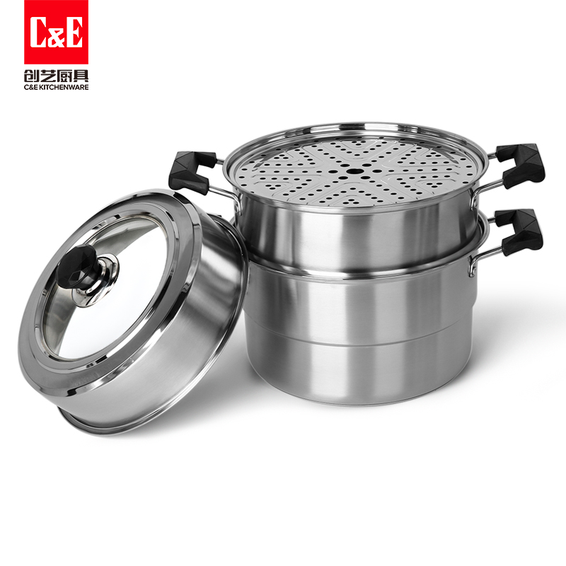 C&E Creative Stainless Steel steamer with double ears, high appearance level, top steaming and bottom boiling, three-layer steamer, soup pot, kitchenware for home use details Picture