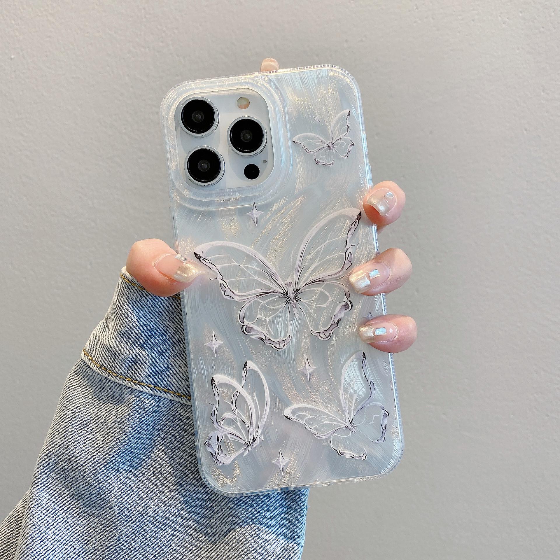suitable for iphone15 advanced feather shell apple 13 butterfly pearl chain apple 11 silver hard case protective cover