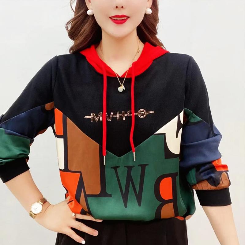 2022 Spring and Autumn New Hoodie Thin Coat Middle-Aged Mom Clothes Long Sleeve Shirt Trendy Stitching Fashion Tops