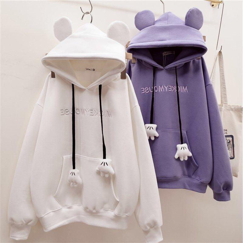 2024 women's autumn/winter sweater fleece-lined thickened mickey embroidered sweater women's coat loose fashion student hoodie