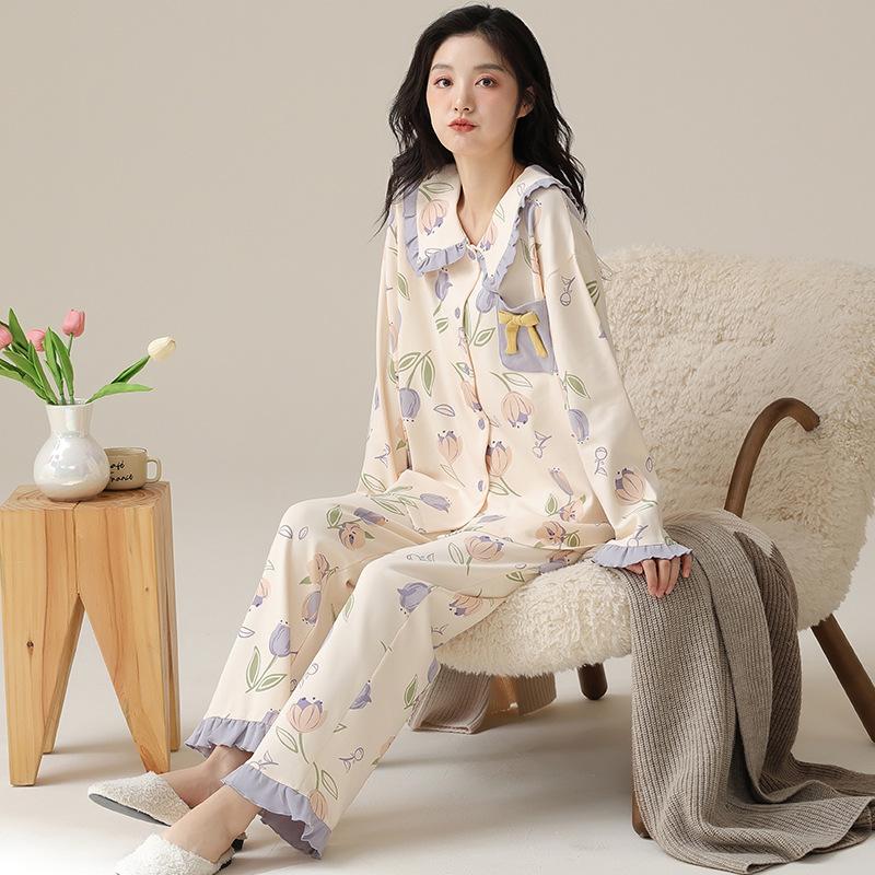 2024 new internet hot pajamas women's spring and autumn cotton long sleeve all cotton fashion western style home wear suit details Picture