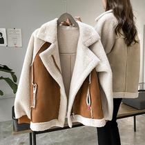 Winter 2023 New Chic Loose Fur Suede Coat Women's Short Lambswool Motorcycle Clothing Jacket