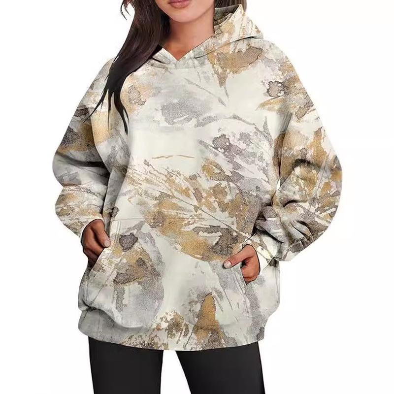 amazon autumn new women's camouflage hoodie maple leaf print oversized sports hoodie with pocket break details Picture