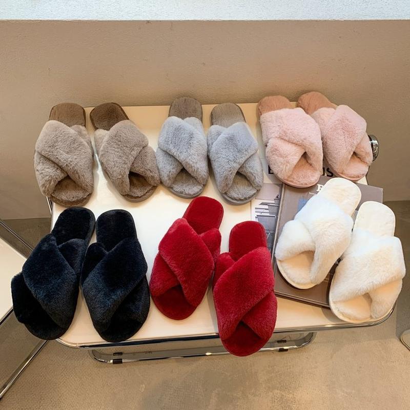 foreign trade fur cotton slippers female 2022 autumn and winter new ladies flat open toe home cross plush slippers wholesale full figure