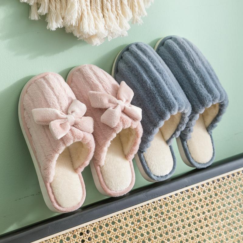 faux rabbit fur winter bow cotton slippers women home thick-soled couple home non-slip warm fluffy slippers men