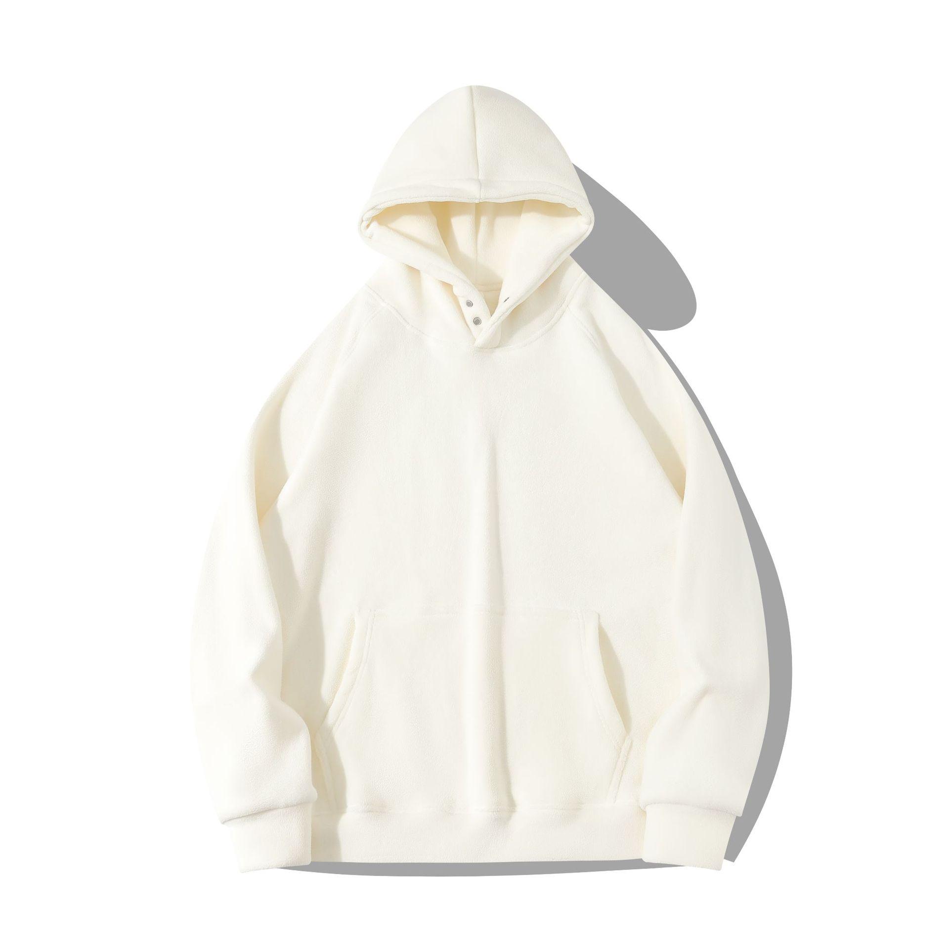 autumn and winter heavy 600g double-sided velvet thermal hooded sweatshirt male and female trendy brand solid color with fur loose collar decorated with buttons hoodie Item Picture