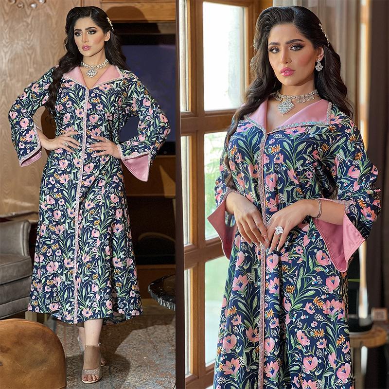 Ab292 Dubai Muslim Spring Ins Style Printing Middle East Gown Twist Drill Hot Drilling Fashion Dress