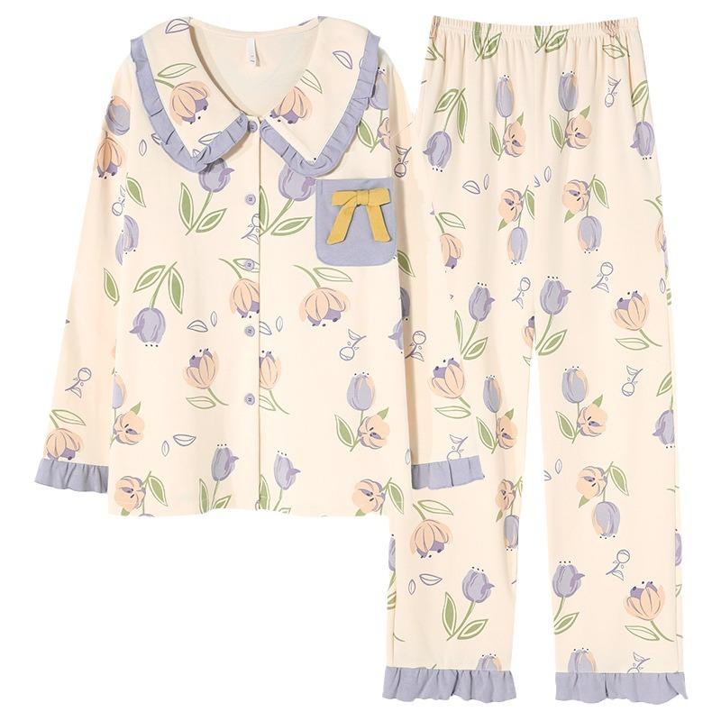 2024 new internet hot pajamas women's spring and autumn cotton long sleeve all cotton fashion western style home wear suit Item Picture