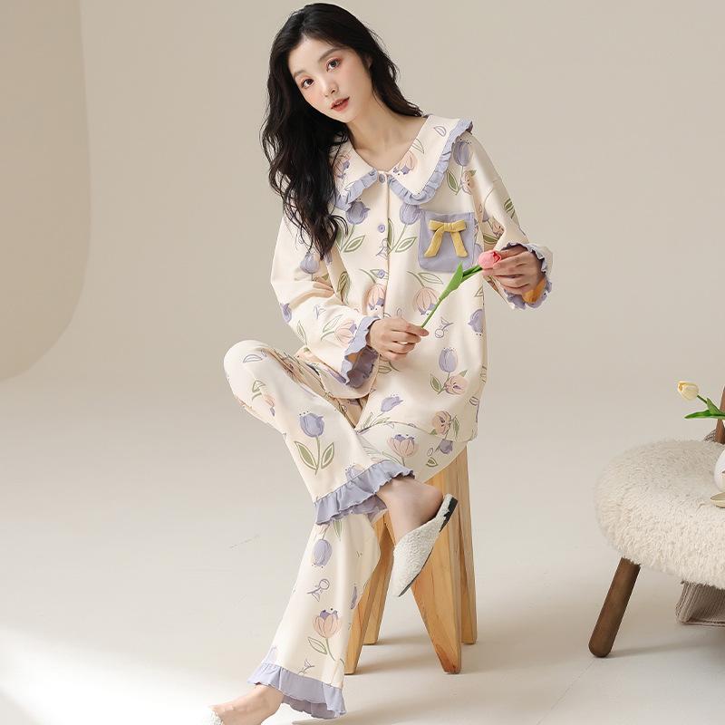 2024 new internet hot pajamas women's spring and autumn cotton long sleeve all cotton fashion western style home wear suit Specification drawing