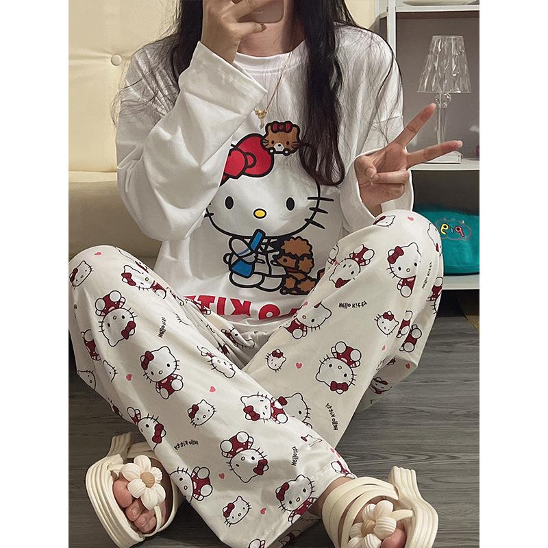 Spring and Autumn Pajamas Women's Loose round Neck Cute Hello Kitty Home Wear Simple Casual Long Sleeve Pants Two-Piece Suit