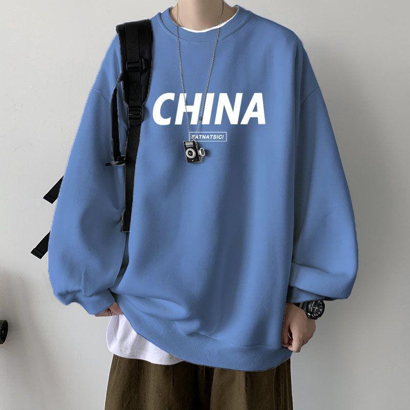 brushed hoody men's long sleeve fall winter trend men's t-shirt round neck loose plus size couple leisure hong kong style bottoming shirt
