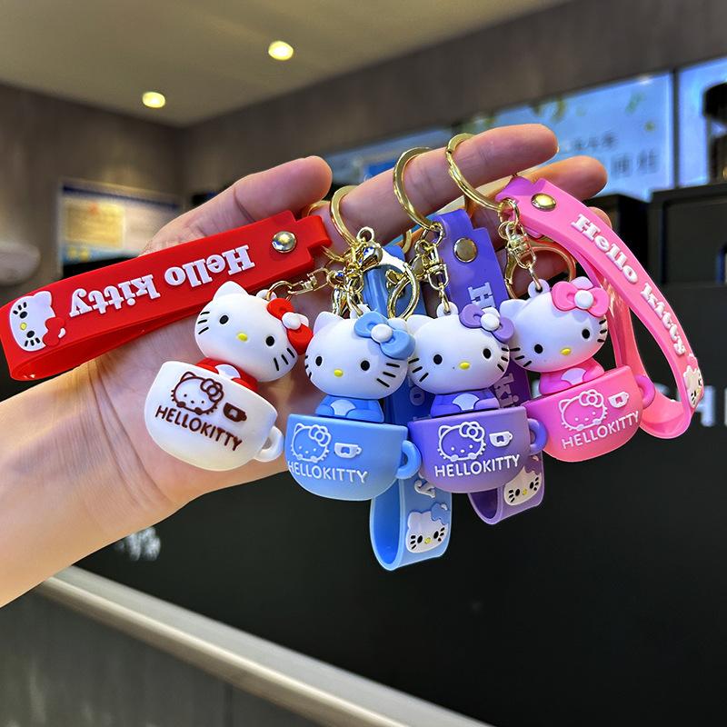 Factory Wholesale Tea Cup Hello Kitty Hello Kitty Cartoon Lovely Key Buckle Pendant Schoolbag Pendant Girl Student Pendant