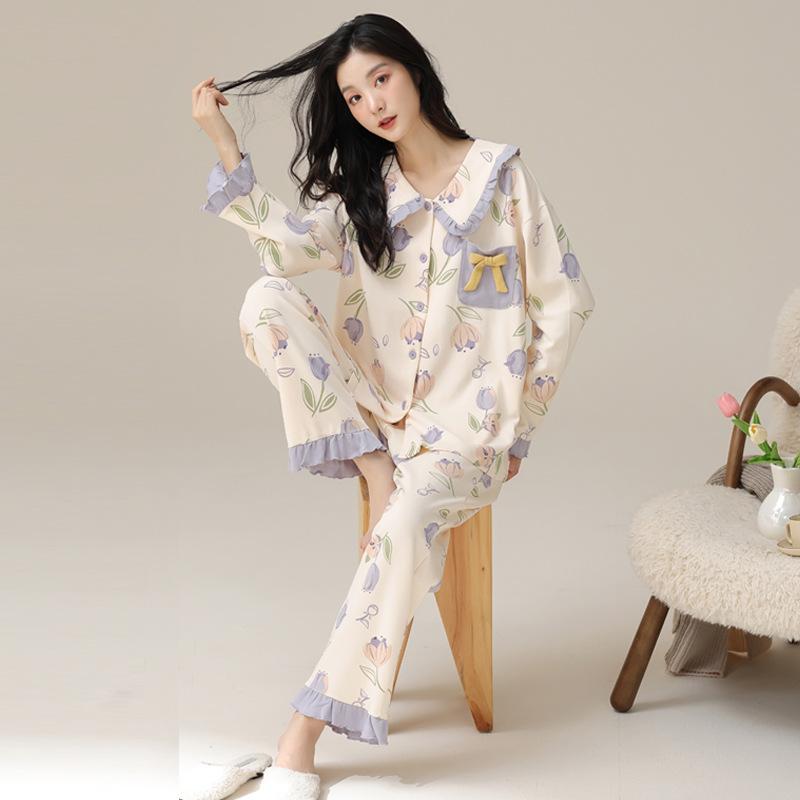 2024 new internet hot pajamas women's spring and autumn cotton long sleeve all cotton fashion western style home wear suit full figure