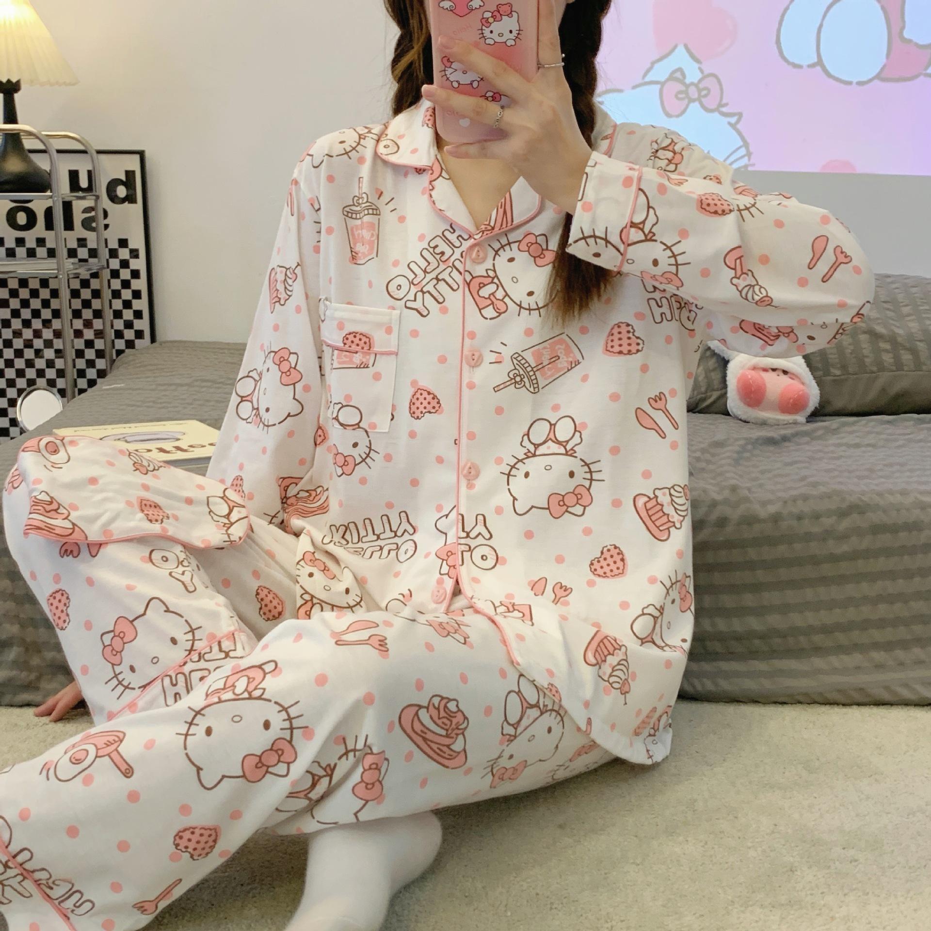 Pajamas Women's Long-Sleeved Trousers for Spring and Autumn 2022 Milk Silk Cartoon Hello Kitty Cardigan Can Be Outerwear Homewear
