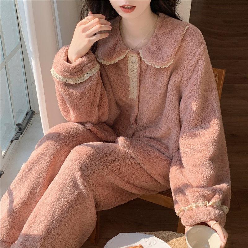 winter princess style pajamas women's flannel lace royal home wear korean coral fleece classic style thickened set full figure