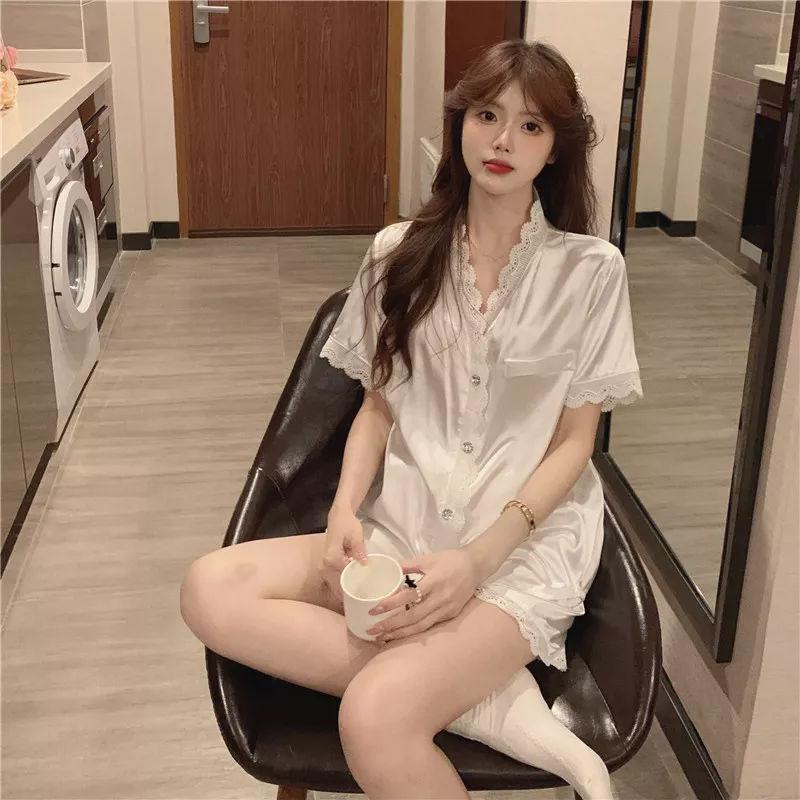 2024 new pajamas women's summer ice silk short sleeve cute high sense plus size home wear thin summer suit Application Scenario