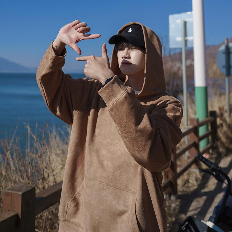 spring and autumn suede solid color loose hooded sweater boys loose hoodie american top clothes fashion brand coat