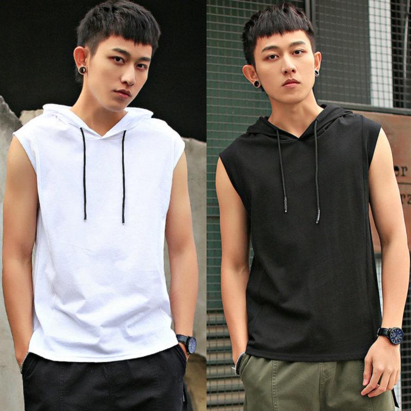 vest hooded vest men's trendy hooded sleeveless t-shirt men's sleeveless sweater hoodie summer vest thin foreign trade