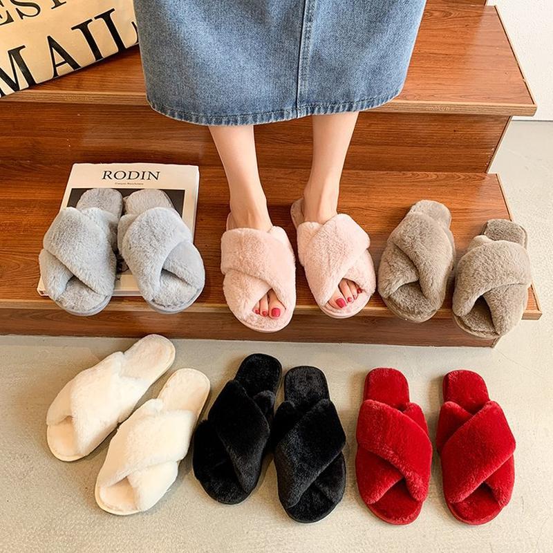 foreign trade fur cotton slippers female 2022 autumn and winter new ladies flat open toe home cross plush slippers wholesale details Picture